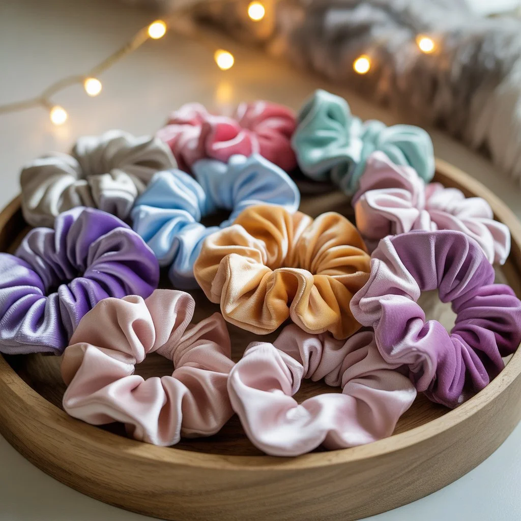 15 Best Hair Accessories for Women in 2025 (Styling Tips Inside) 4 "Colorful velvet and silk scrunchies arranged neatly on a white surface"