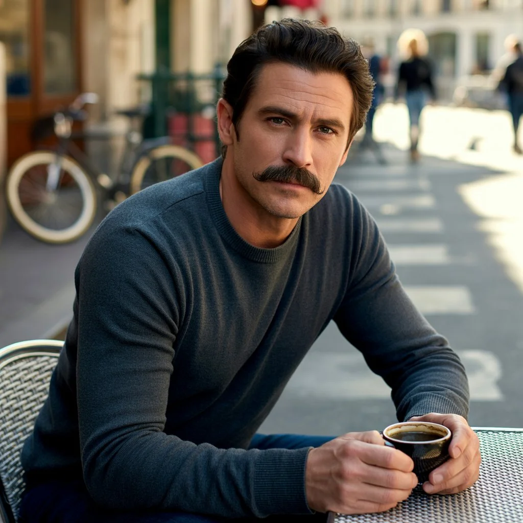 Top 6 Bold Mustache Styles for Men 3 “Man with a classic chevron mustache enjoying coffee outdoors – showcasing mustache styles for men with bold character”