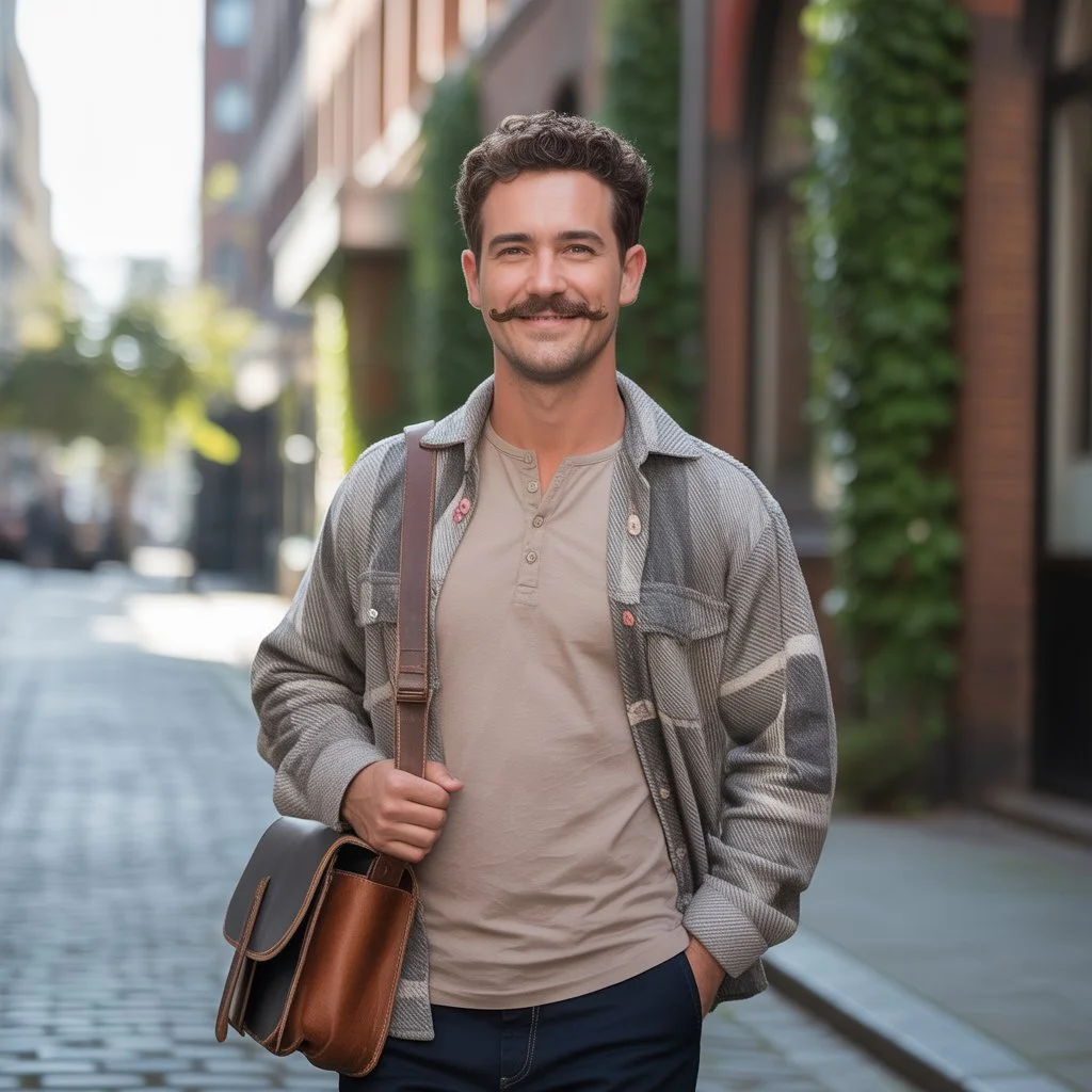 Top 6 Bold Mustache Styles for Men 2 Stylish man wearing a handlebar mustache, showcasing trendy mustache styles for men in an urban street setting